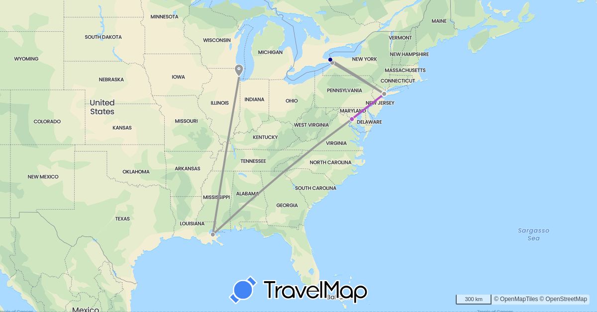 TravelMap itinerary: driving, plane, train in Canada, United States (North America)
